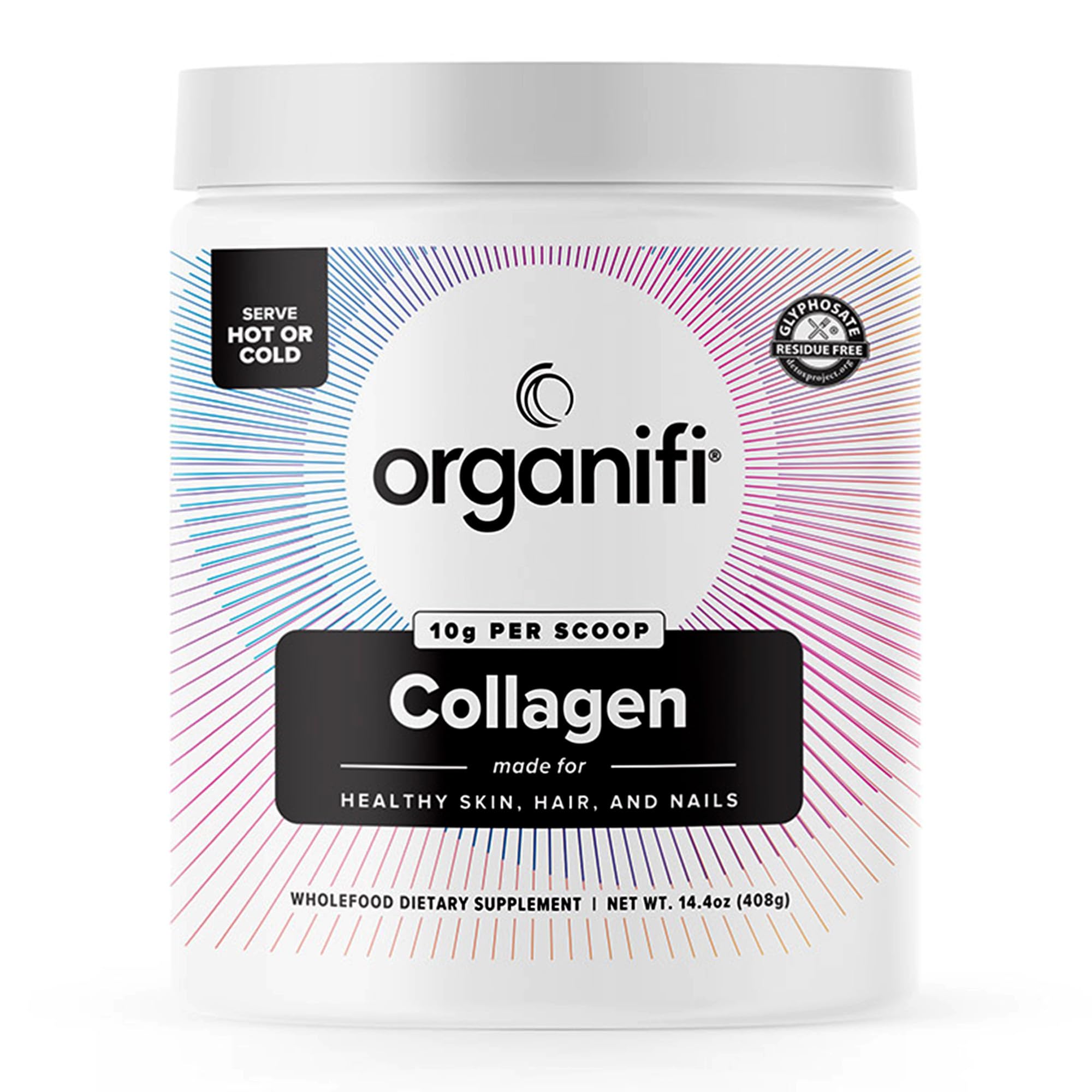 Organifi Collagen Powder canister front with labeling signaling skin and hair support.