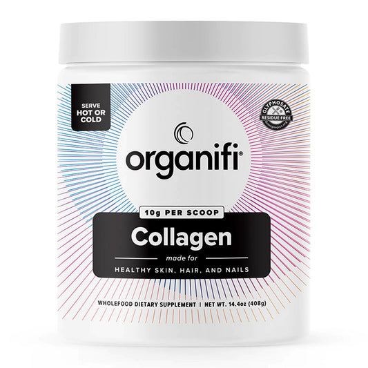 Organifi Collagen Powder canister front with labeling signaling skin and hair support.