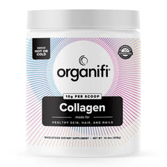 Organifi Collagen Powder canister front with labeling signaling skin and hair support.
