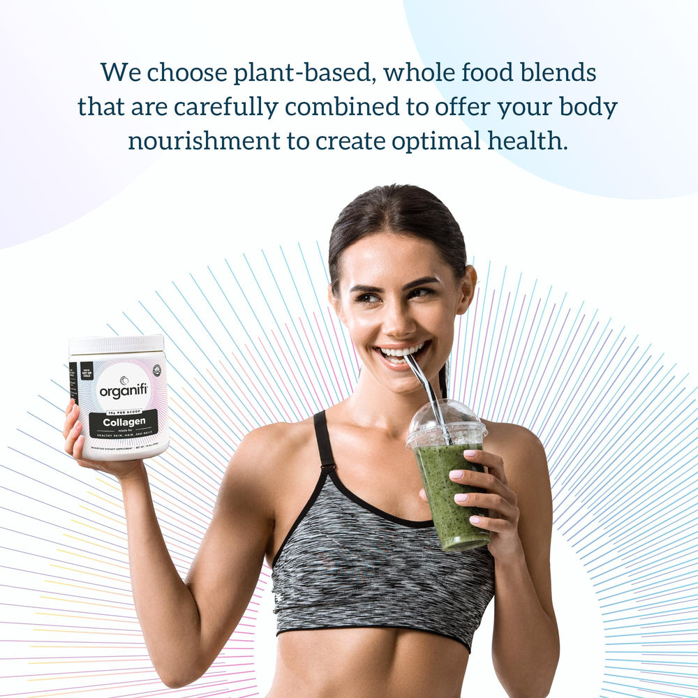 Organifi Collagen Powder close-up texture conveys premium hydrolyzed peptides quality.