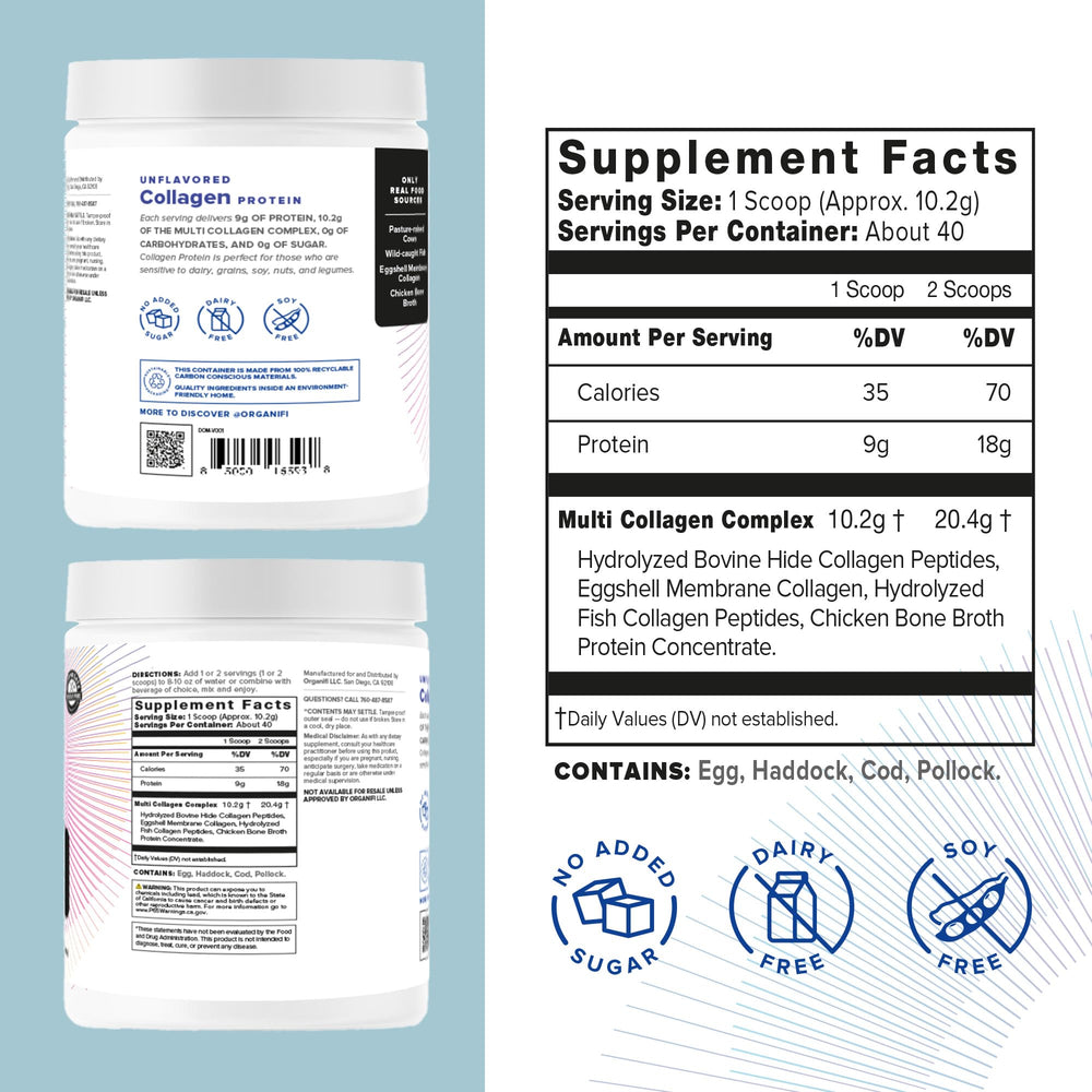 Organifi Collagen Powder label highlighting ingredients and amino acids for a holistic beauty routine.