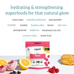 30-serving tub of Organifi Glow with raspberry lemonade flavor