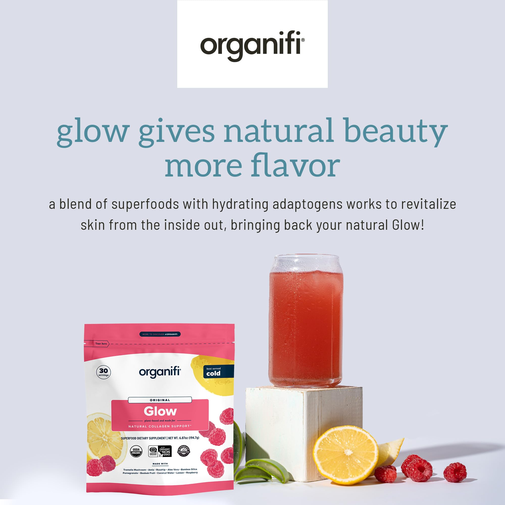 Close-up of Tremella mushroom and superfoods in Glow formula