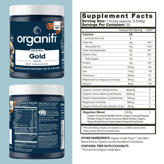 Organifi Gold cup pour invites relaxation before bed with creamy turmeric notes