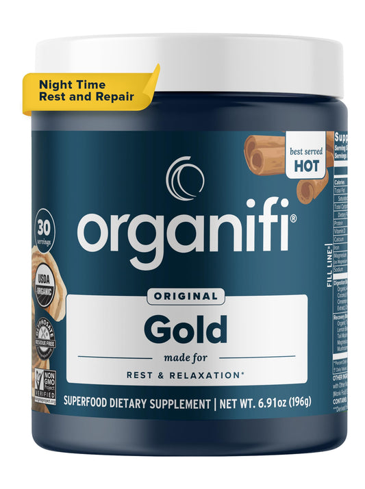 Organifi Gold jar hero displaying calming nighttime blend