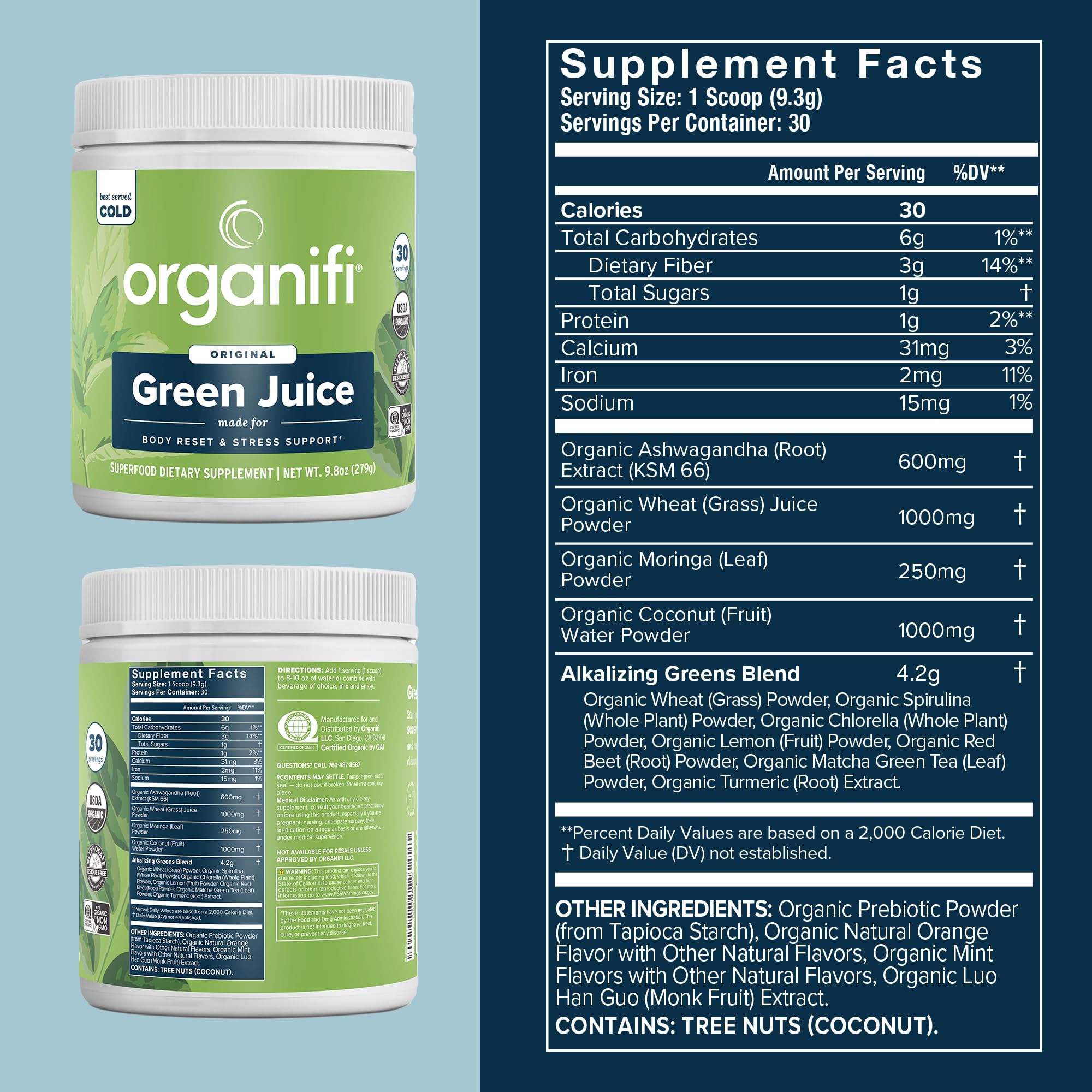 Organifi Green Juice scoop of powder ready to mix into a smoothie.