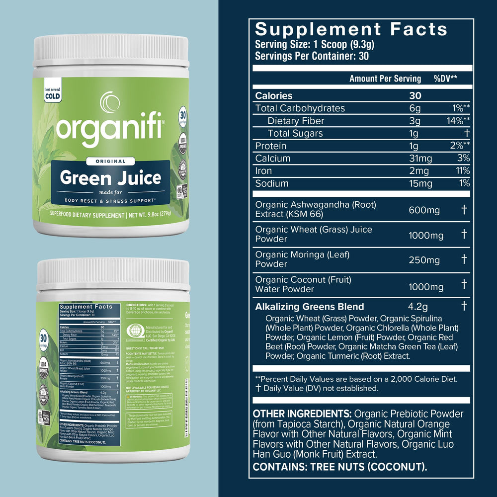 Organifi Green Juice scoop of powder ready to mix into a smoothie.