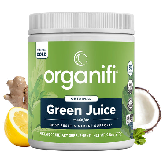 Organifi Green Juice tub label highlighting organic ingredients for daily wellness.