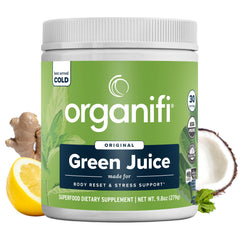 Organifi Green Juice tub label highlighting organic ingredients for daily wellness.