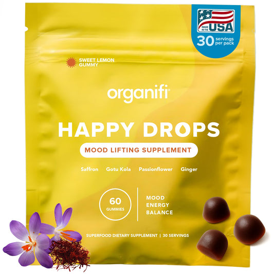 Organifi Happy Drops bottle with pour action for daily mood balance.