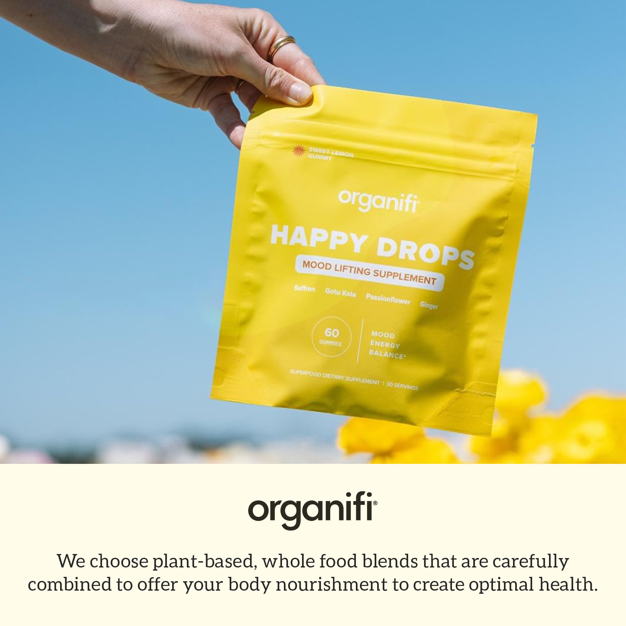 Organifi Happy Drops daily-use pack ideal for on-the-go mood boosts.