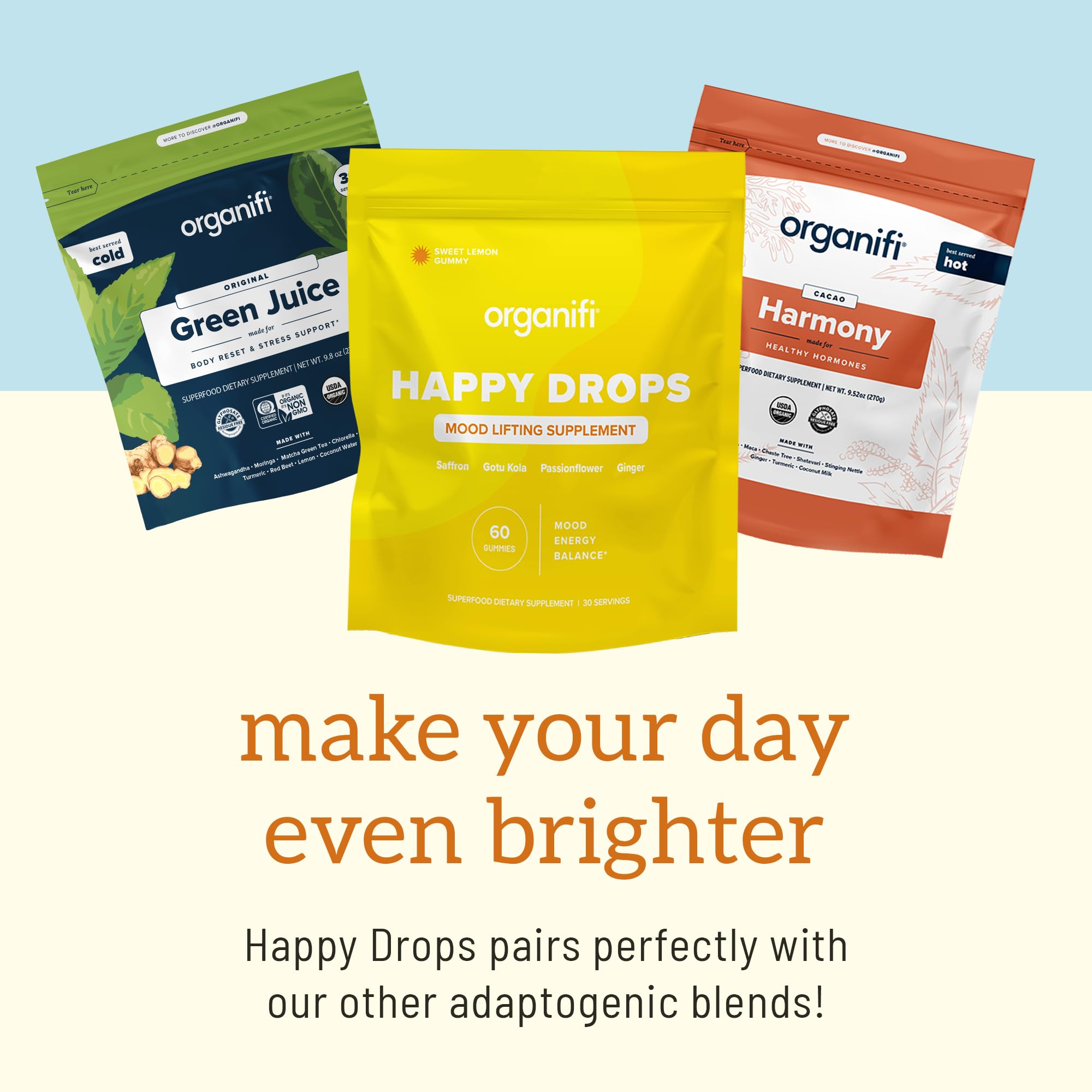 Organifi Happy Drops gotu kola highlight with herbal blend for daily resilience.