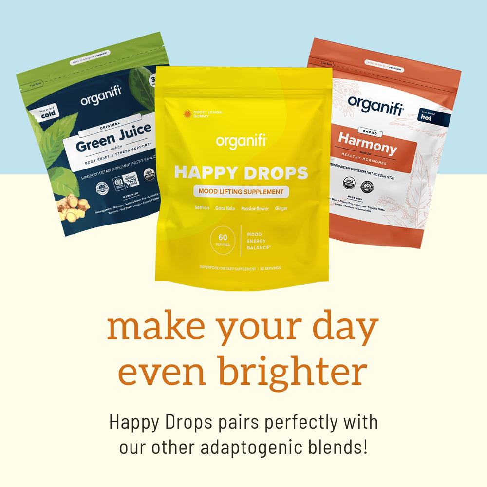 Organifi Happy Drops gotu kola highlight with herbal blend for daily resilience.