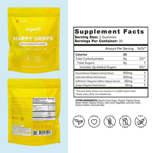 Organifi Happy Drops gummies close-up showing lemon flavor and soft texture for mood support.