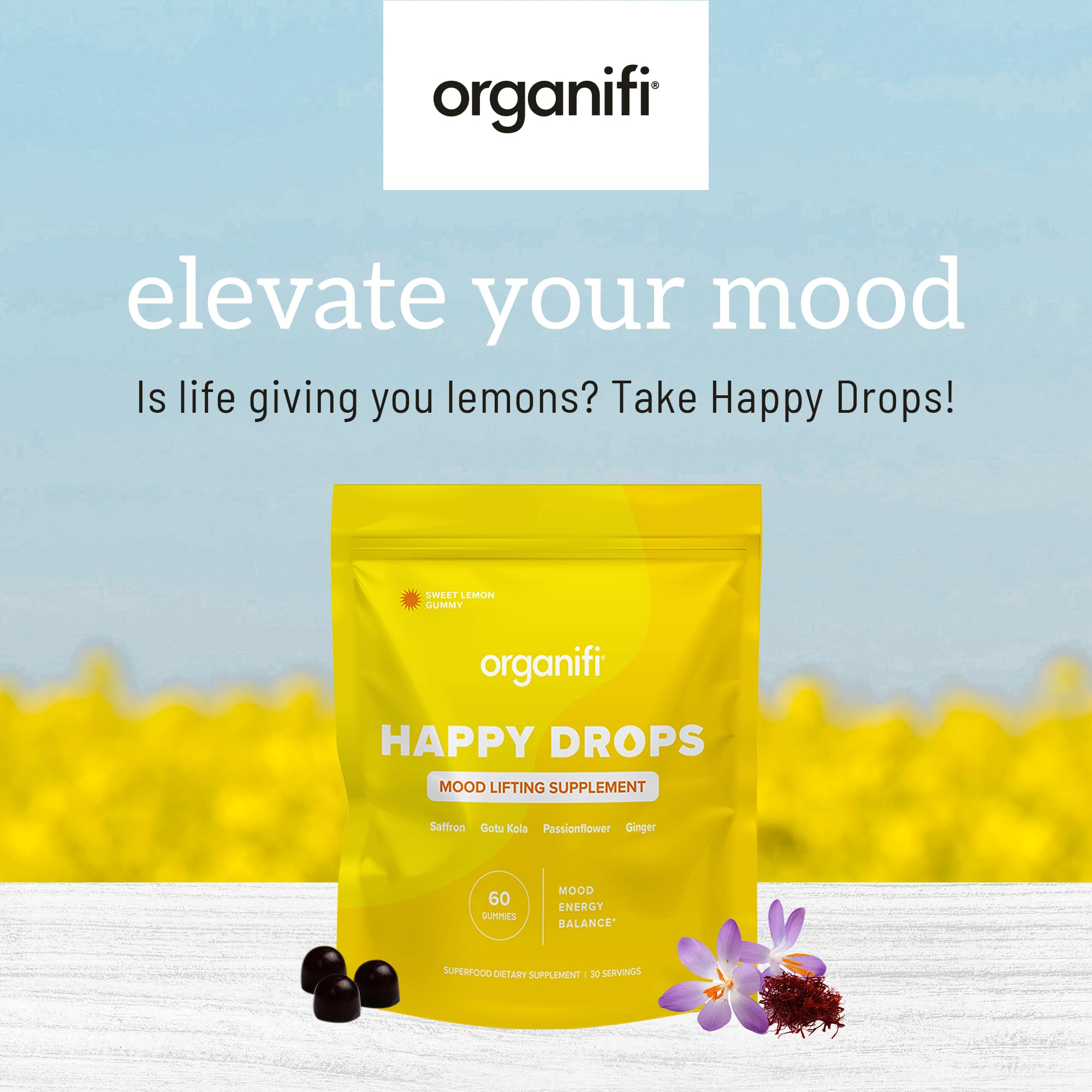 Organifi Happy Drops lemon flavor visual highlighting bright mood-boosting appeal.