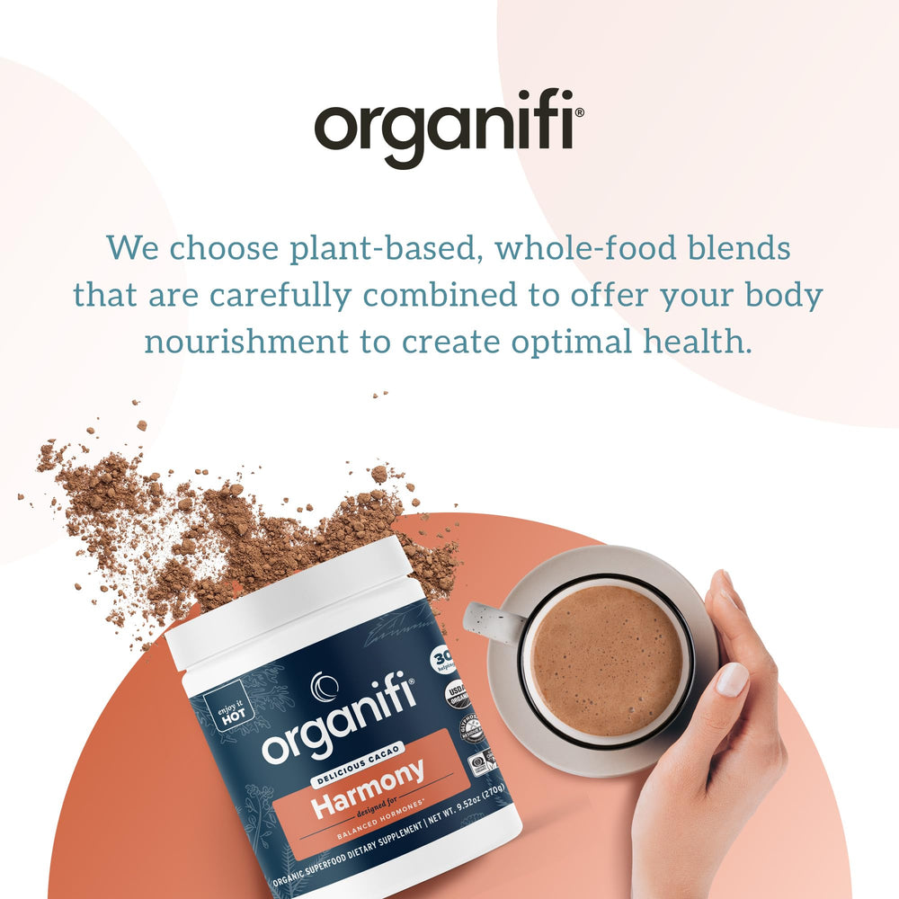 Organifi Harmony uses Criollo cacao for polyphenol-rich flavor and calm mood.