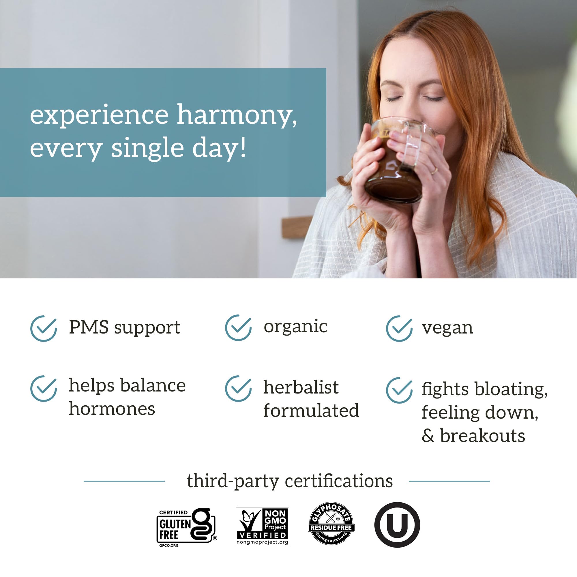 Organifi Harmony glass bottle with label highlights gluten-free vegan cacao powder.