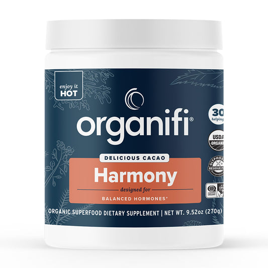 Organifi Harmony powder tub, balanced blend for hormone support and daily calm.
