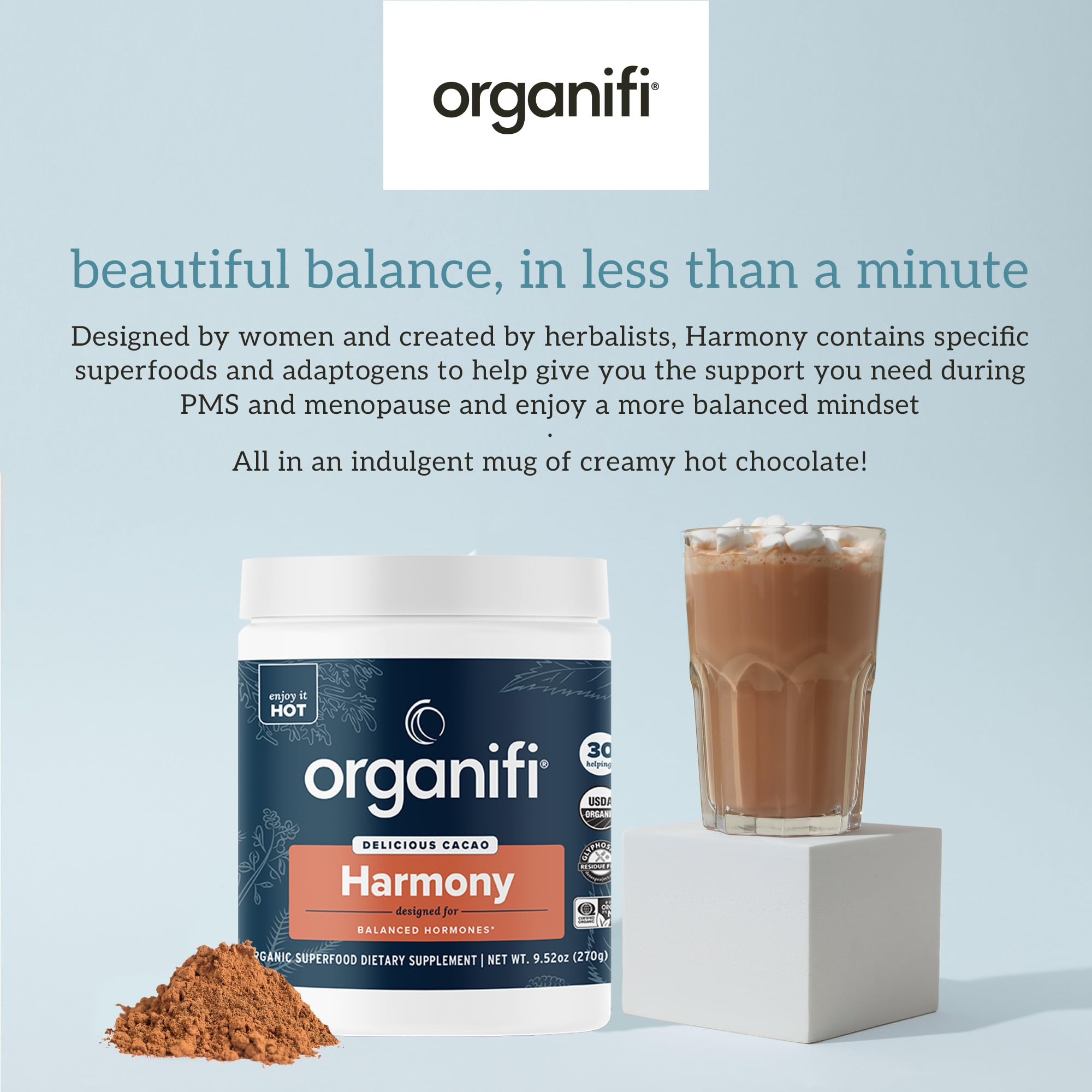 Organifi Harmony ingredients include maca and chaste tree for balance.