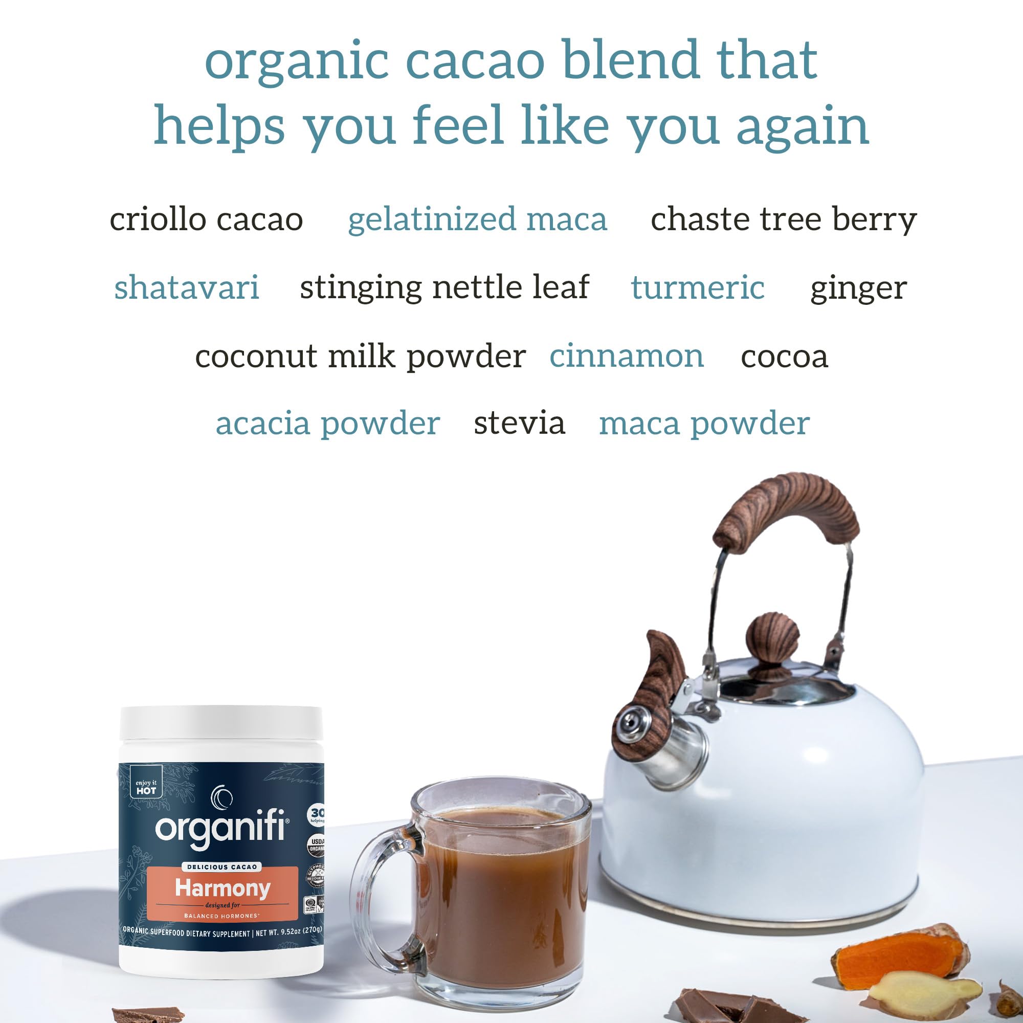 Organifi Harmony steaming cup signals a comforting ritual for alertness.