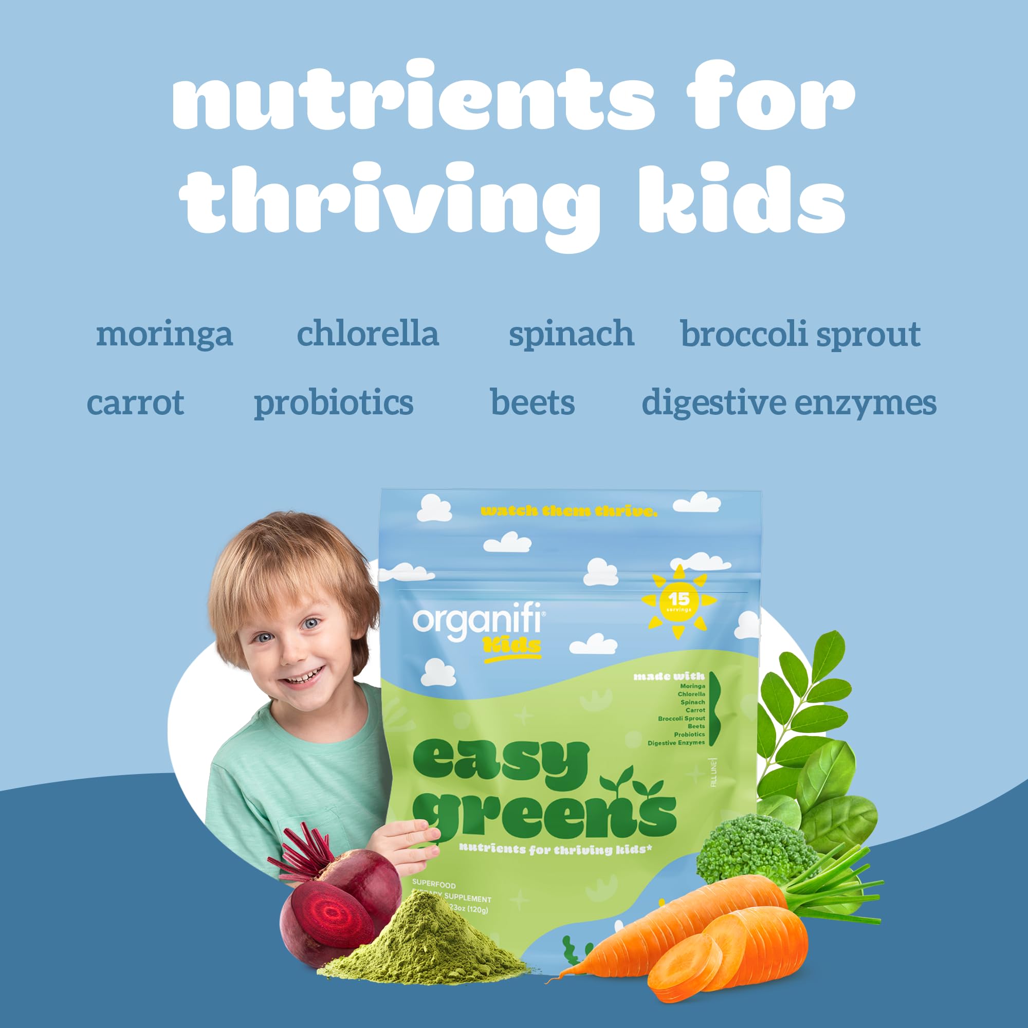 Organifi Kids Easy Greens child smiling after a nutritious drink
