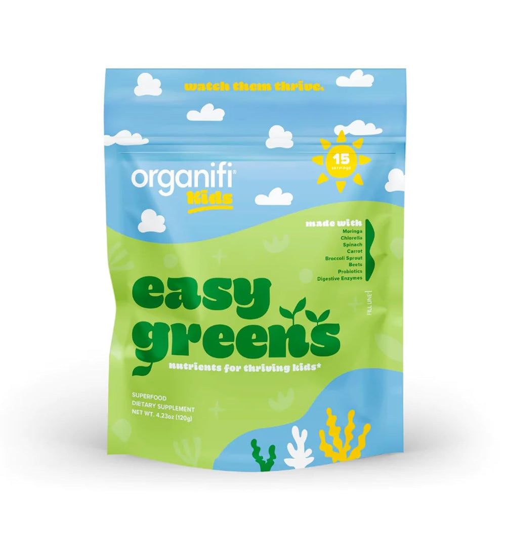 Organifi Kids Easy Greens packaging shows a kid-friendly probiotic blend