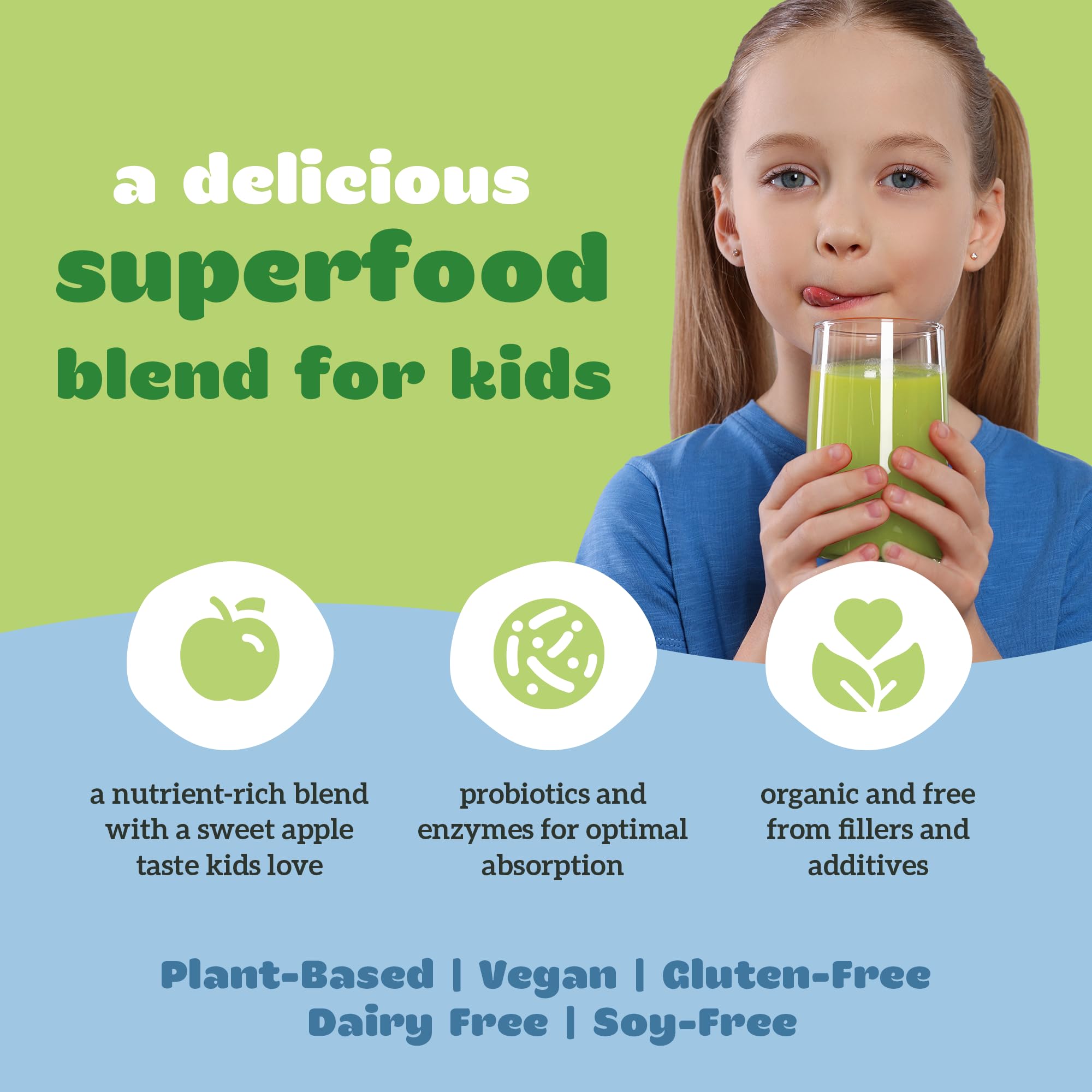 Organifi Kids Easy Greens powder in water shows a tasty veggie and fruit mix