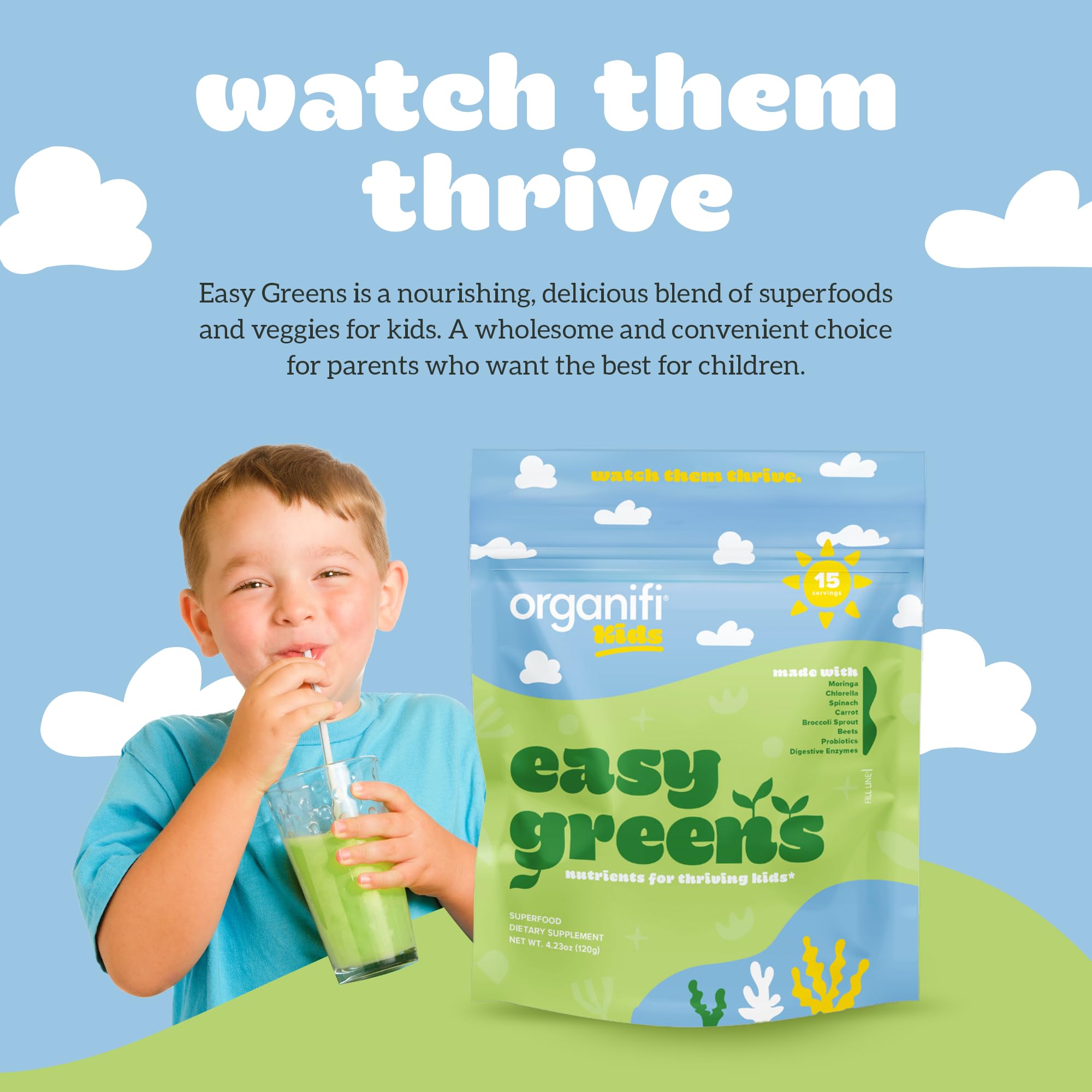 Organifi Kids Easy Greens scoop highlights convenient serving for busy mornings