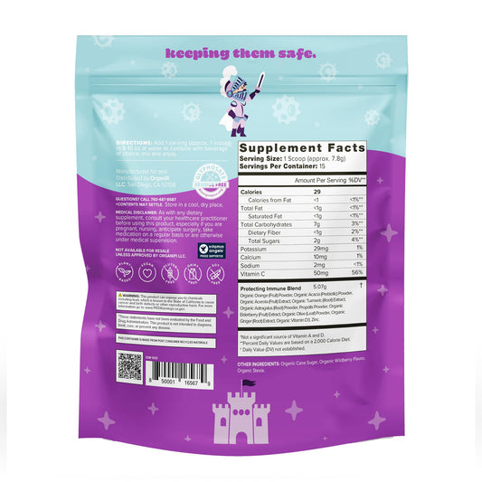 Organifi Kids Protect powder scoop shows easy mixing into beverages
