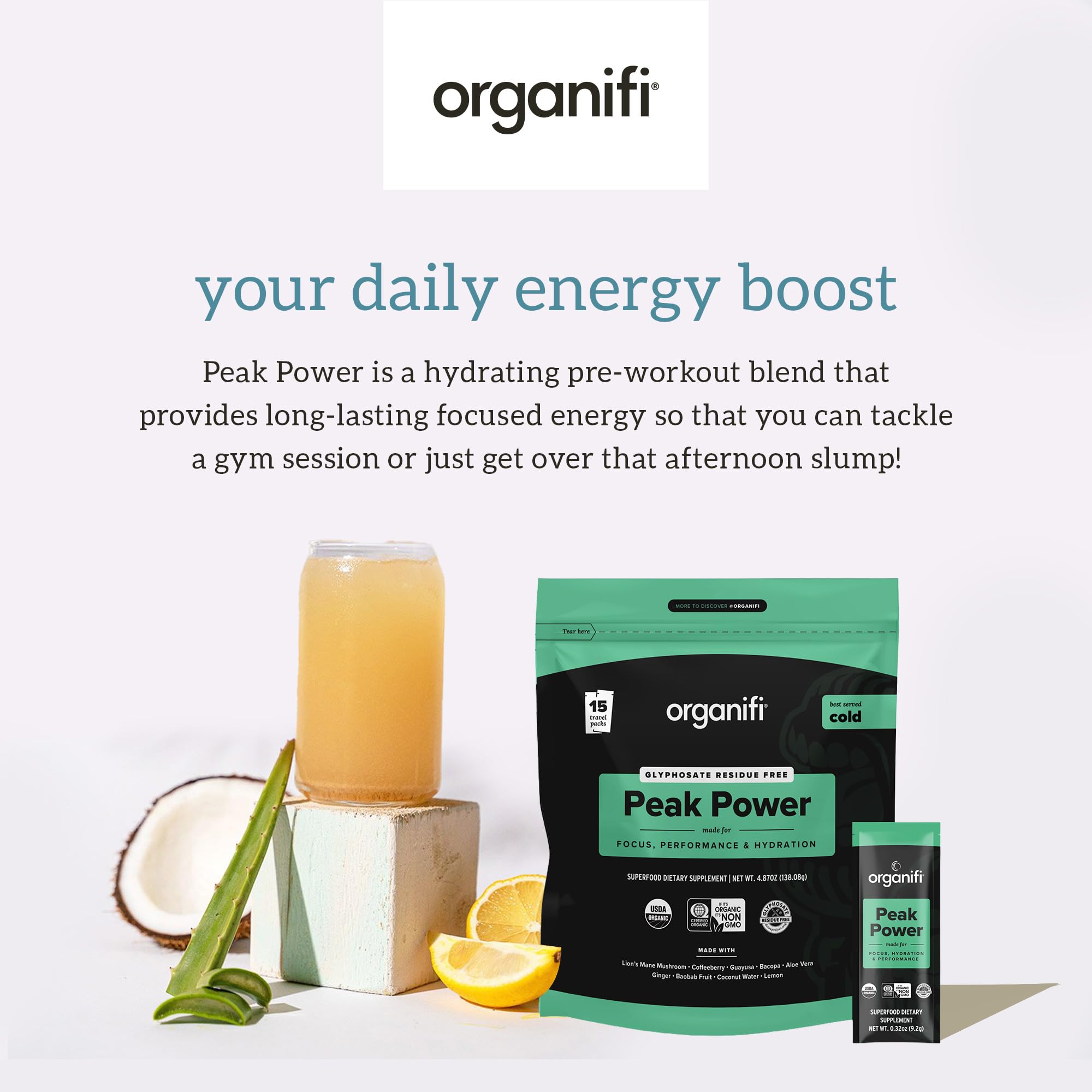 Organifi Peak Power ingredients balance featuring lion’s mane and guayusa.