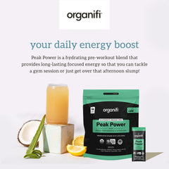 Organifi Peak Power ingredients balance featuring lion’s mane and guayusa.