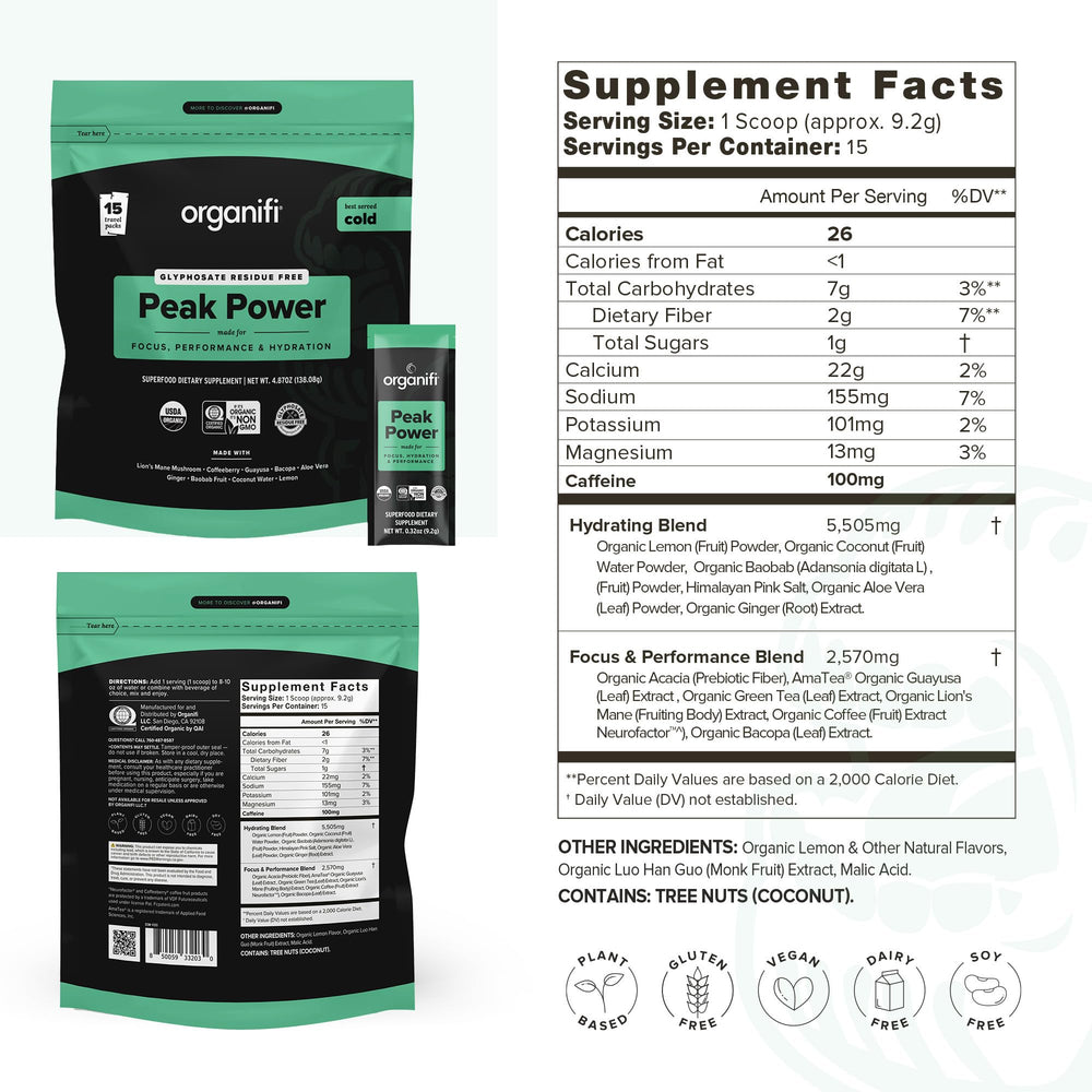 Organifi Peak Power powder dissolving in water for hydration during training.