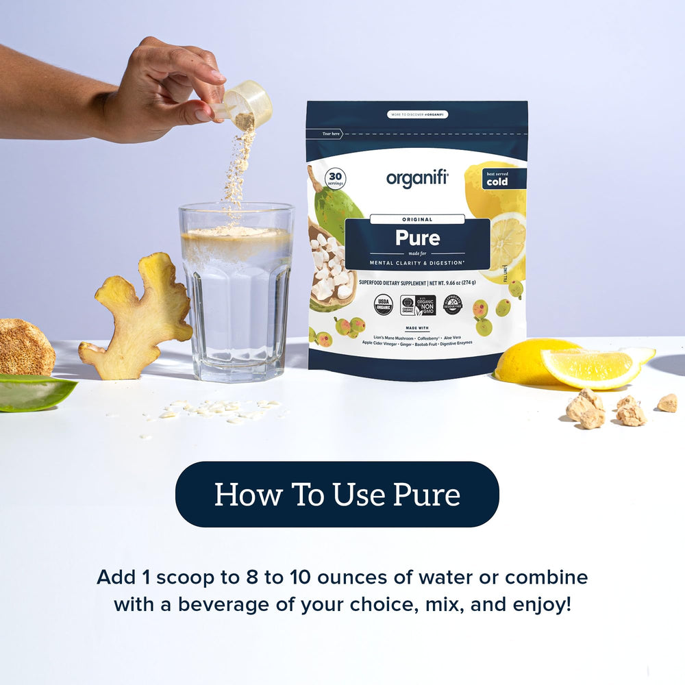 Organifi Pure digestive-friendly blend illustration indicating gut support.