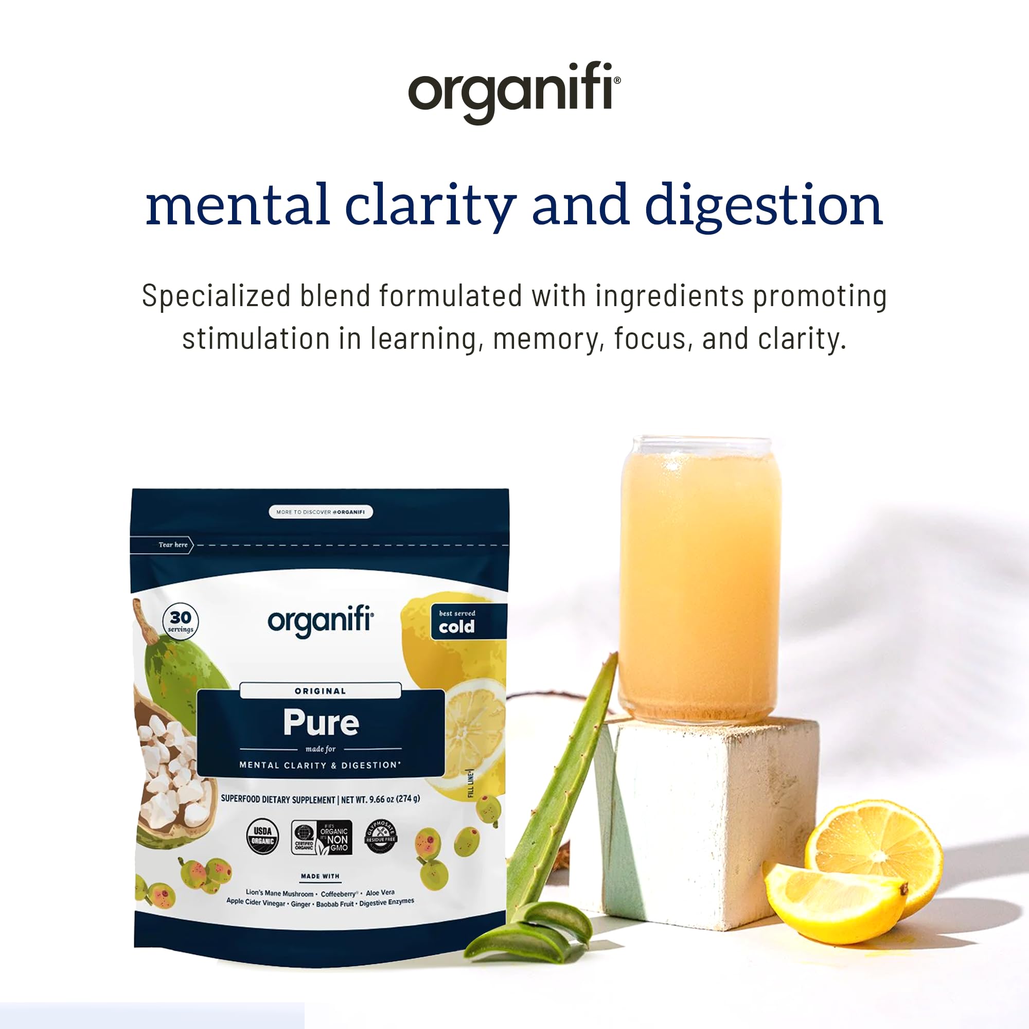 Organifi Pure powder jar front ready to mix into a cold drink.
