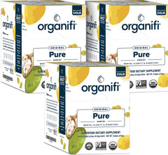 Organifi Pure Smart Packs lemon bottle pour for a refreshing focus boost.