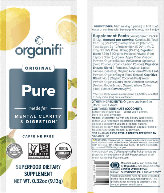 Organifi Pure Smart Packs lemon dissolve in water with crisp aroma.