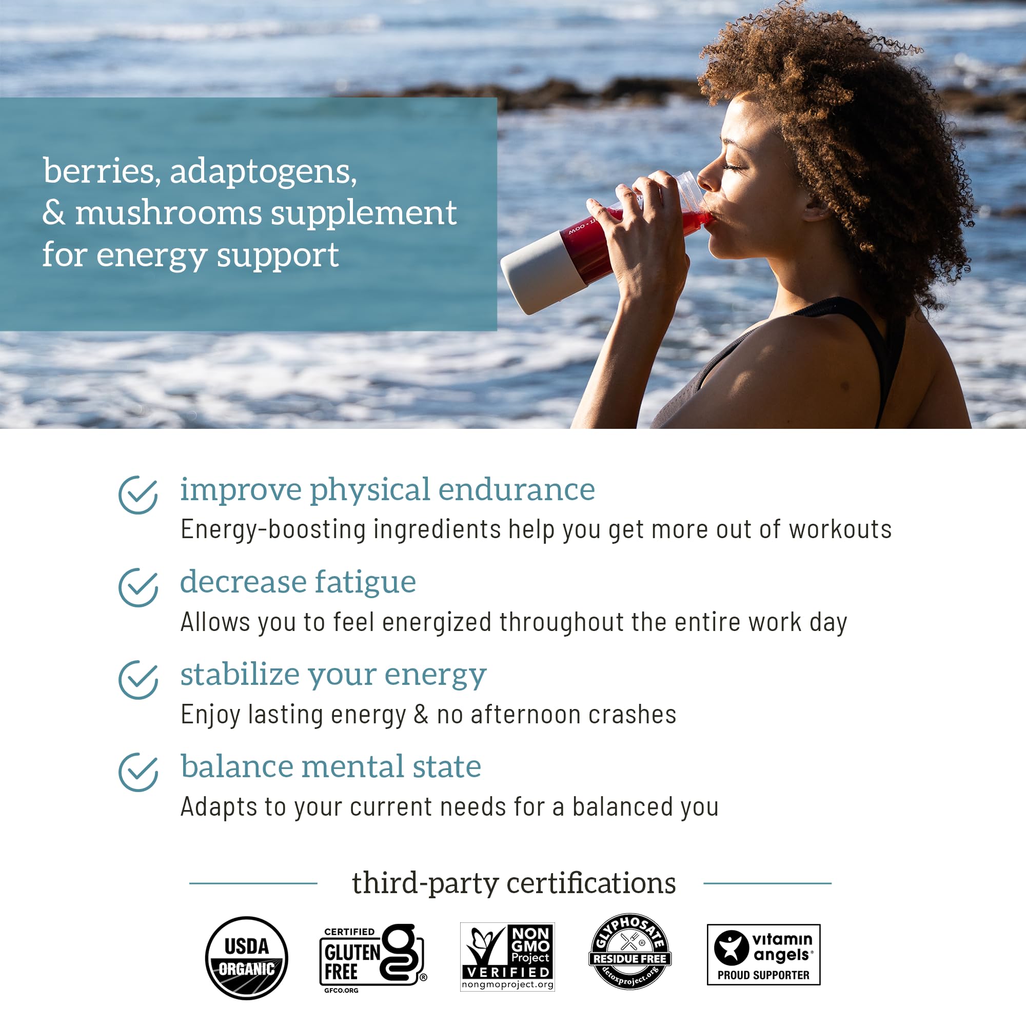 Organifi Red Juice mushroom blend closeup highlighting Cordyceps and Chaga energy support.