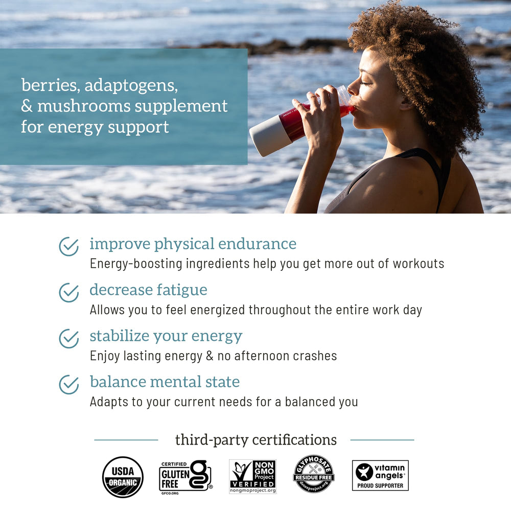 Organifi Red Juice mushroom blend closeup highlighting Cordyceps and Chaga energy support.