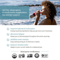 Organifi Red Juice mushroom blend closeup highlighting Cordyceps and Chaga energy support.