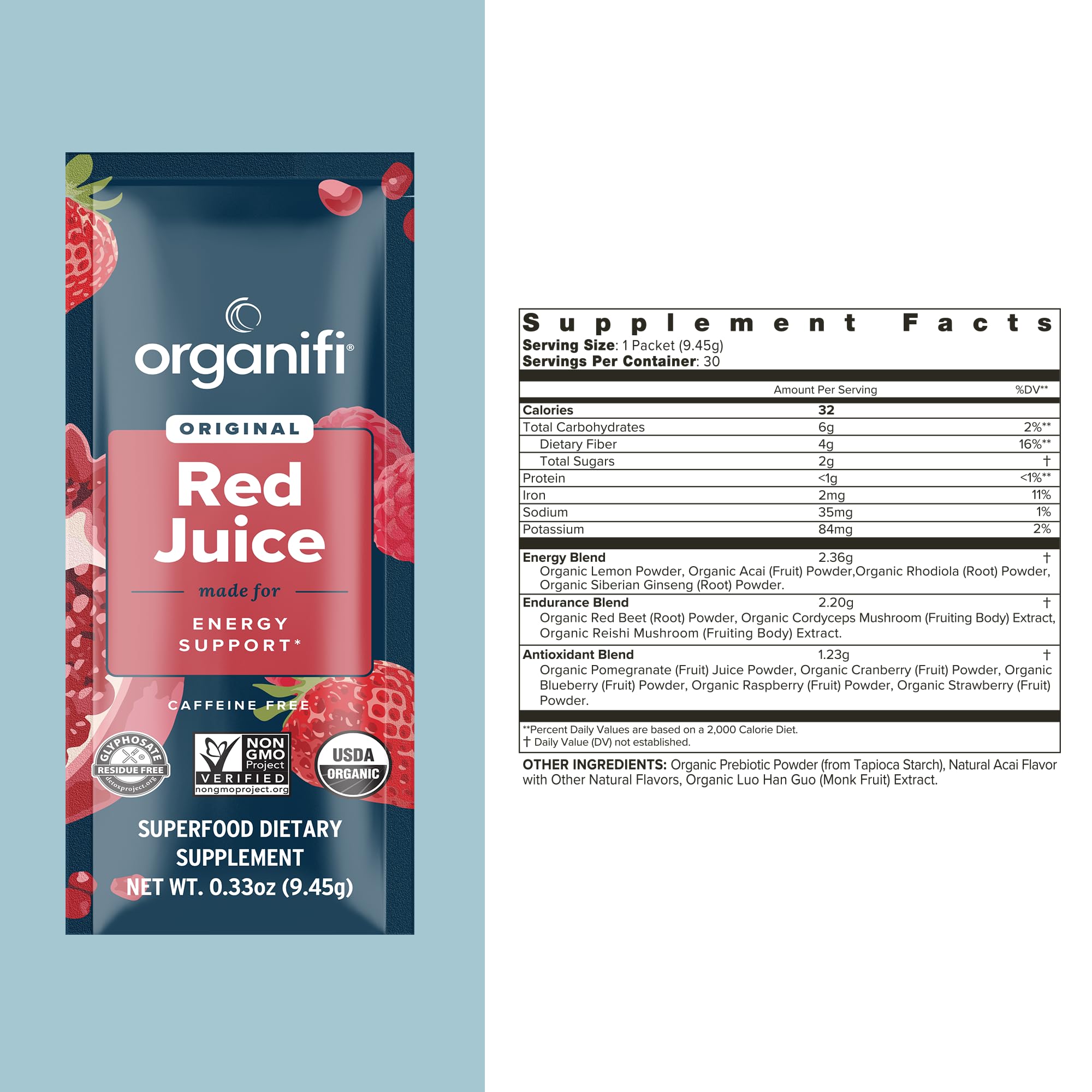 Organifi Red Juice pour into glass showing quick, caffeine-free energy and focus.