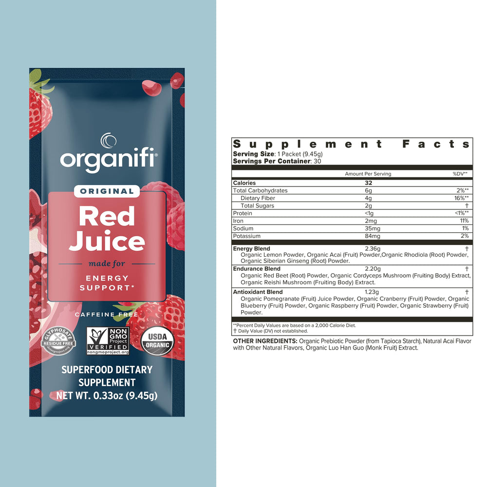 Organifi Red Juice pour into glass showing quick, caffeine-free energy and focus.