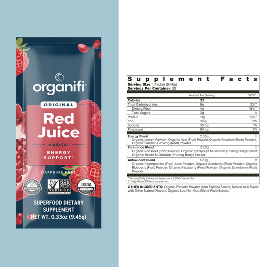 Organifi Red Juice pour into glass showing quick, caffeine-free energy and focus.