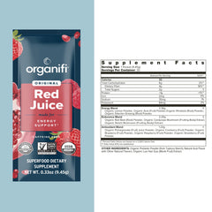 Organifi Red Juice pour into glass showing quick, caffeine-free energy and focus.