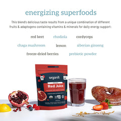 Organifi Red Juice smoothie mix ready to blend with fruits and greens.