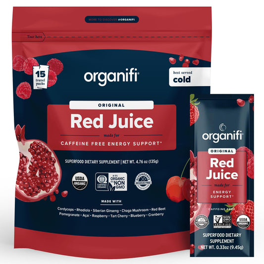 Organifi Red Juice tub and scoop, a convenient energy powder for smoothies.