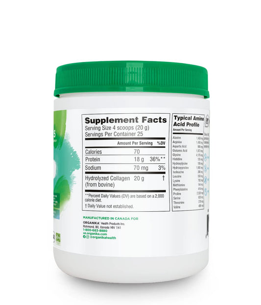 Organika collagen peptides powder scoop ready for smoothies and drinks.