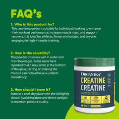 Front packaging of Organika Unflavoured Creatine Powder with clean design.