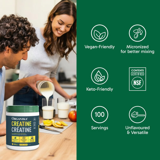 Organika creatine powder scoop showing precise serving for consistent dosing and results.