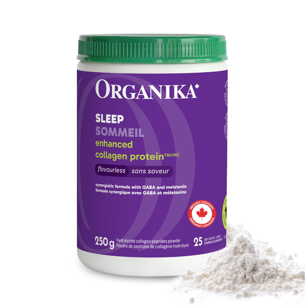 Organika Enhanced Collagen Sleep bottle shown for easy nightly use and convenient supplementation.