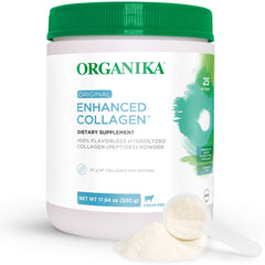 Organika Enhanced hydrolyzed collagen peptides powder bottle supporting daily skincare and joints.